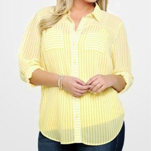 TORRID Striped Chiffon Yellow Button Down Shirt